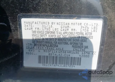 2018 Nissan Versa 1.6 S+ из США, поврежденный, VIN 3N1CN7AP4JL857254